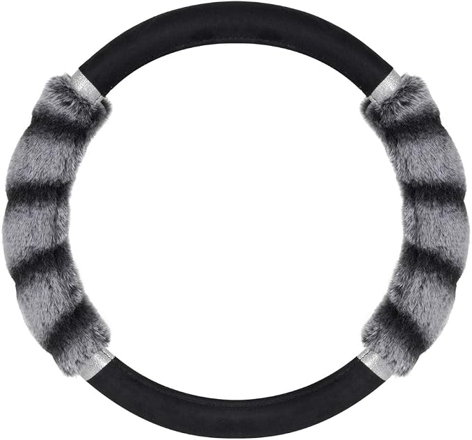 BDK Bear Fur Plush Steering Wheel Cover - Cute Faux Wool Protector for Women Girls Fits Wheels 14.5-15 inch Two Tone Black/Gray - with Glitter