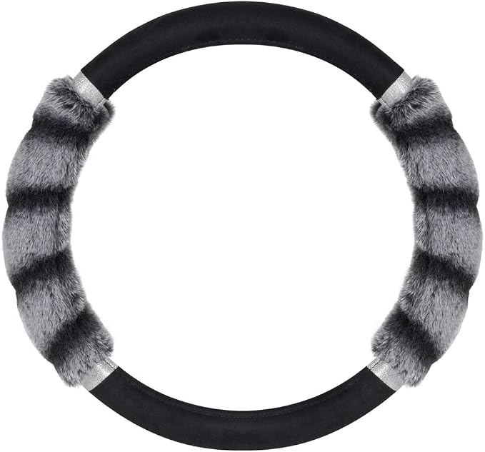 BDK Bear Fur Plush Steering Wheel Cover - Cute Faux Wool Protector for Women Girls Fits Wheels 14.5-15 inch Bear Fur - Black/Gray with Glitter