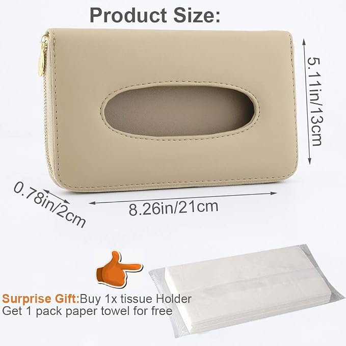 Car Tissue Holder, Sun Visor Napkin Holder, PU Leather Backseat Tissue Case with Zipper (Beige)
