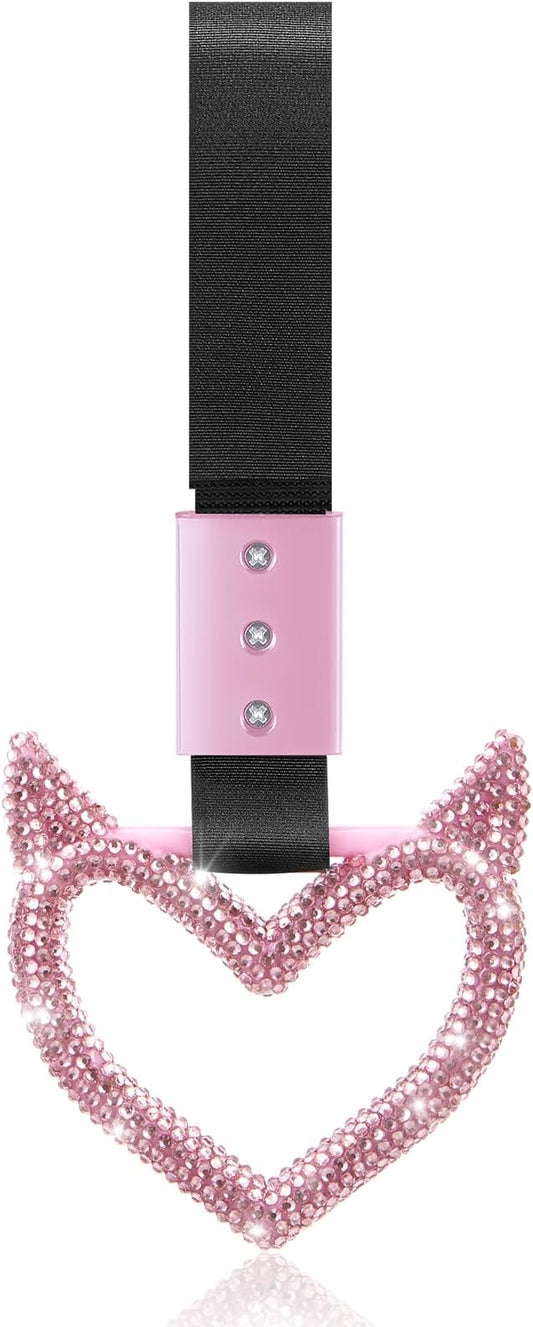 Fabbay Glittery Car Accessories Bling Heart Handle Ring Car Accessory for Women Heart Hand Strap Drift Charm Rear Bumper Warning Ring Decor for Bus Interior Exterior Decoration (Pink, Devil Style)