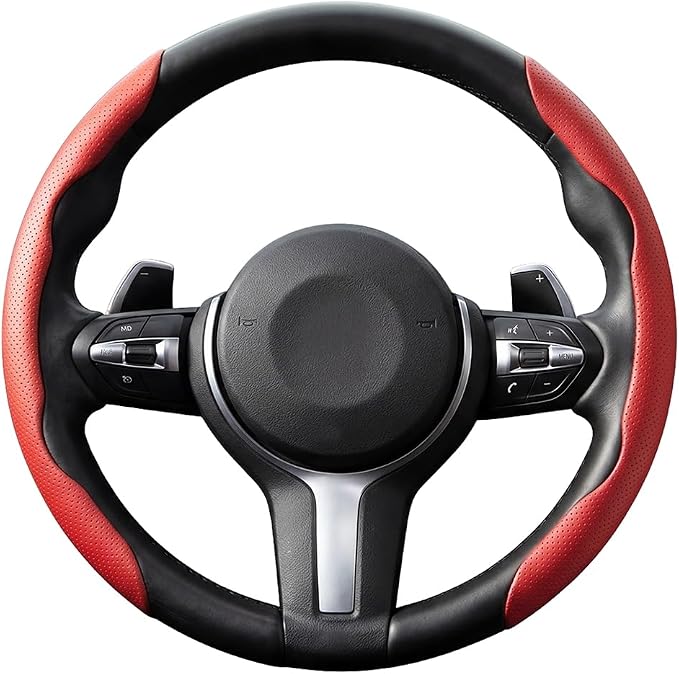 2PCS Car Steering Wheel Cover, 14.5-15" Breathable Nappa Leather Segmented Steering Wheel Protector with Non-Slip Grip, Stylish Auto Interior Decor Accessories, Universal for Vehicles (Red)