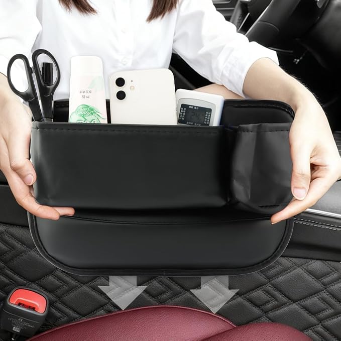 2-Pack Car Seat Gap Filler Organizer, Leather Storage Box with Cup Holder for Driver & Passenger Side, Gap Bag Front Seat Car Storage Accessories for Phone Keys Sunglasses Wallet(COLOR:Black)