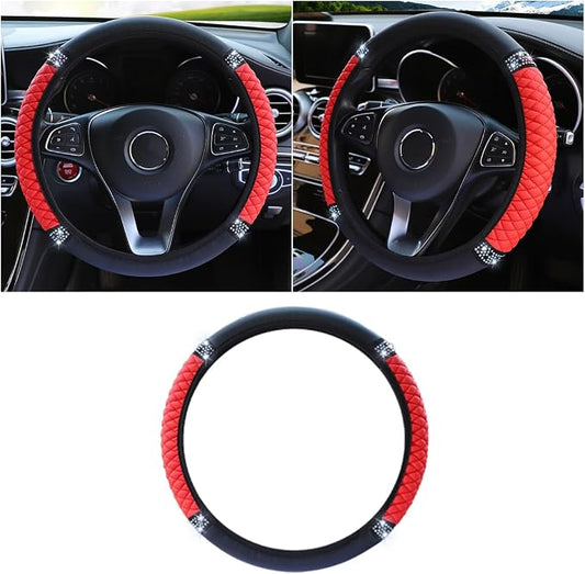 JOYCOURT 15 Inch Bling Soft Leather Car Steering Wheel Cover, Red | Colorful Rhinestones Design, Auto Elastic Protector for Women Girls, Crystal Diamond Car Accessories for Most Cars, SUVs
