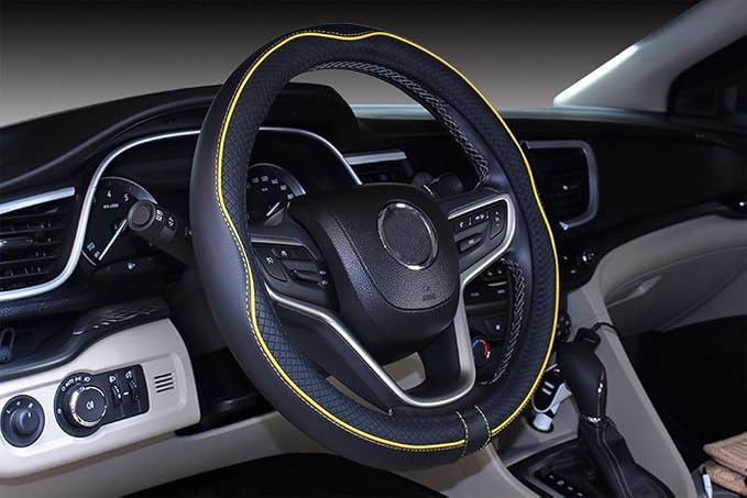 Mayco Bell Small Size Steering Wheel Cover Anti-Slip,Safety,Soft,Breathable,Durable,Full Surround,Comfortable Grip Microfiber Leather (14-14.25 inch, Black Yellow)