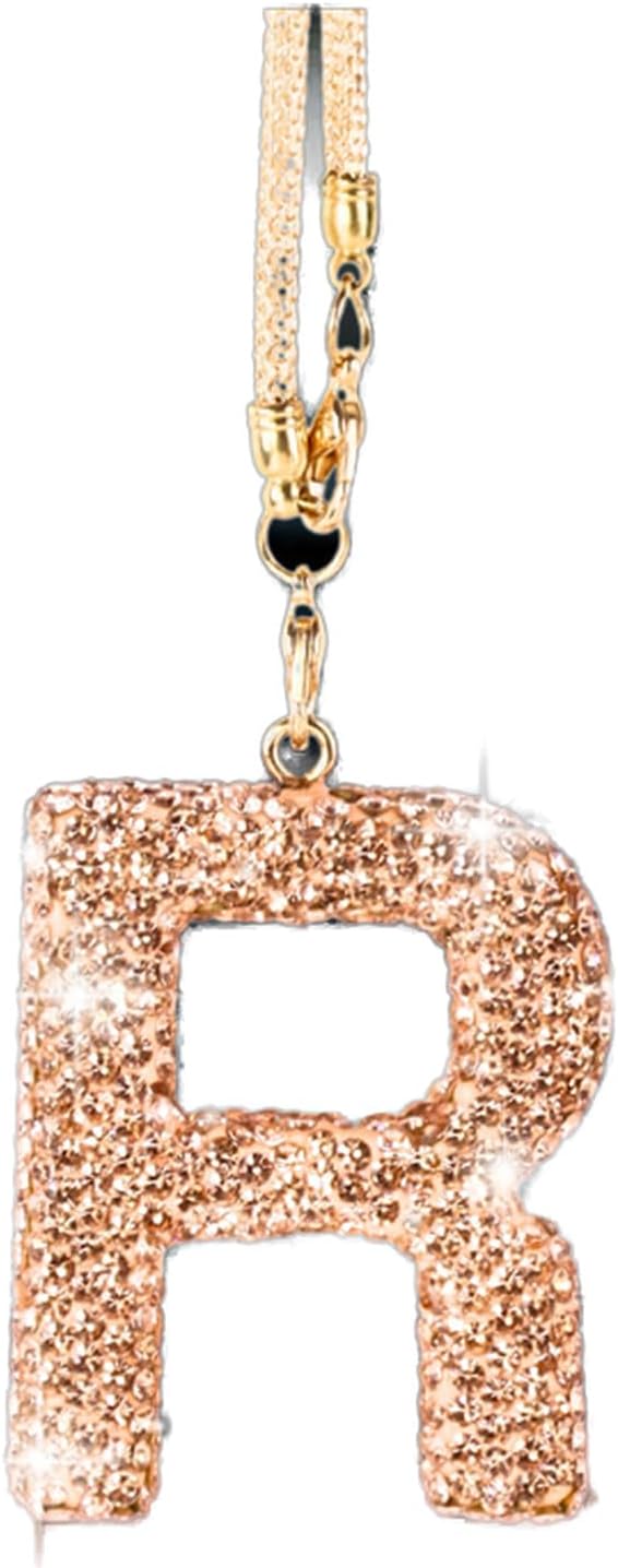 Bling Car Accessories for Women Letter Charm, Rainbow Crystal Rearview Mirror Pendant, Cute Diamond Rhinestone Car Decor, Lucky Gift for Women(R, Champagne Gold)