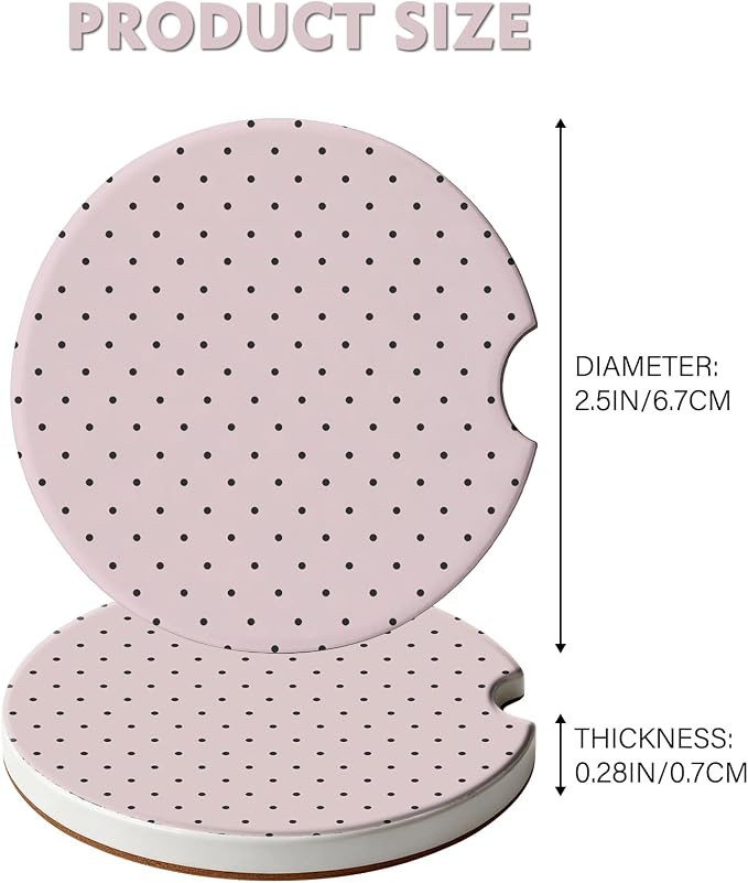 2 Pack Car Coasters for Cup Holders, Absorbent Ceramic Cup Coaster with Cork Base and Finger Notch, Cute Car Accessories Interior for Women Men (Pink Polka Dots)