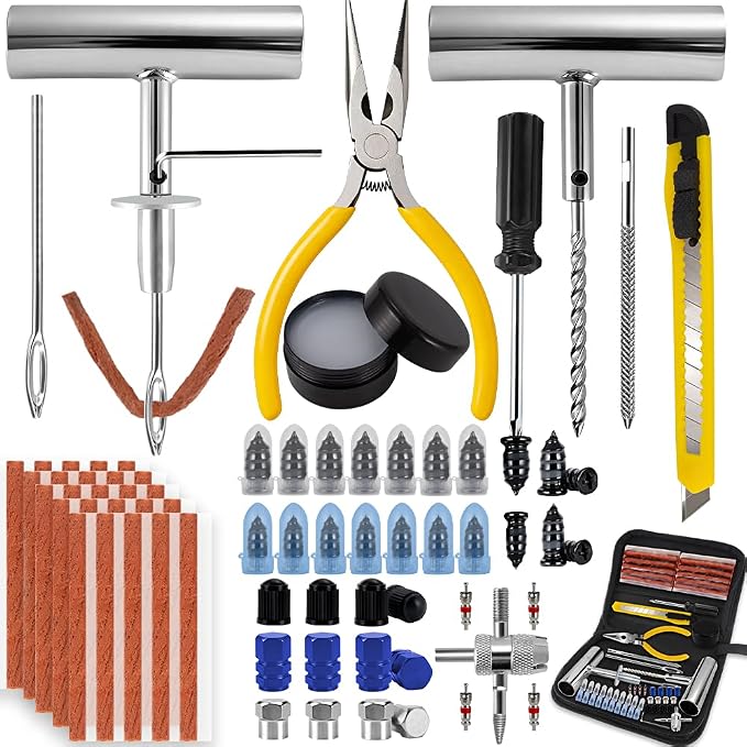 77Pcs Tire Plug Kit, Heavy Duty Tire Repair with Rubber Nails, Screw Plugs, T-Handle, Professional Fix a Flat Puncture Patch Tools Kit for Car, Motorcycle, Truck, UTV, ATV & Lawn Mower Tubeless