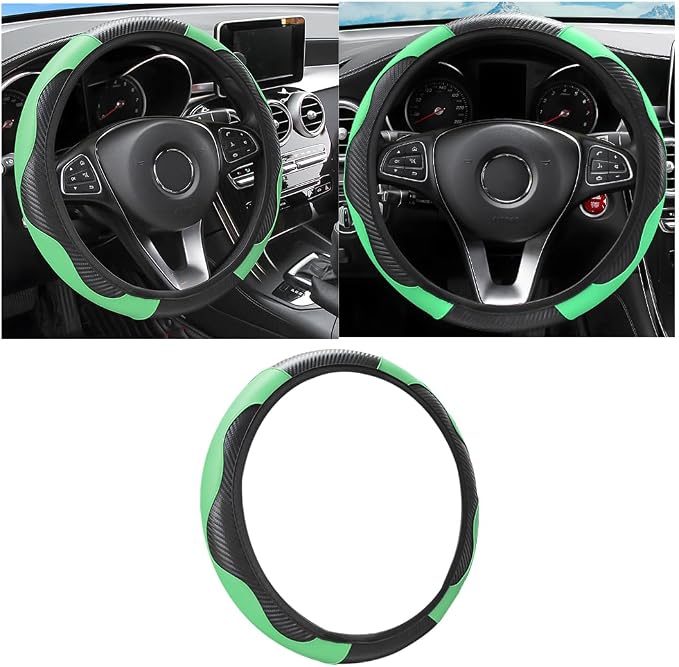 Osilly Car Steering Wheel Cover, 15 inch Carbon Fiber Microfiber PU Leather Elastic Steering Wheel Protector for Men Women, Anti-Slip Breathable Car Interior Accessories for Most Cars (Green)