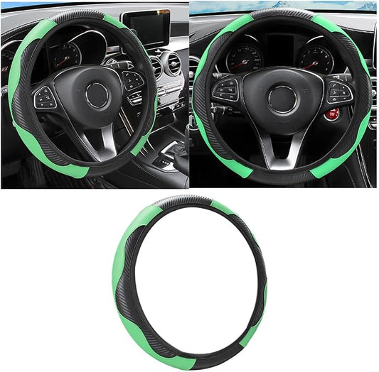 Osilly Car Steering Wheel Cover, 15 inch Carbon Fiber Microfiber PU Leather Elastic Steering Wheel Protector for Men Women, Anti-Slip Breathable Car Interior Accessories for Most Cars (Green)