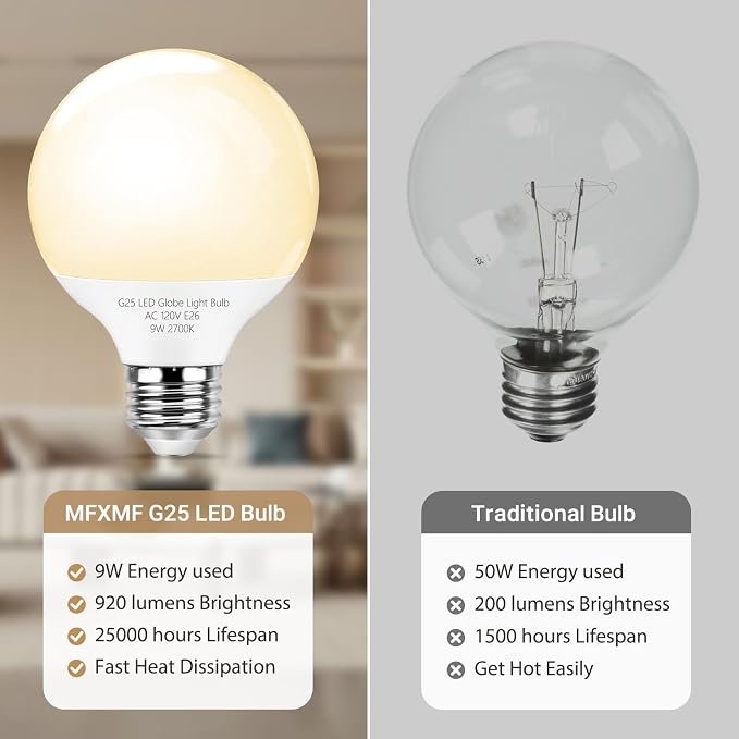 G25 LED Globe Light Bulbs, Bathroom Vanity Light Bulbs E26 Base,9W (90W Equivalent), Soft White 2700K, Round Light Bulbs for Bedroom Makeup Mirror, 920LM, Dimmable, 2 Pack