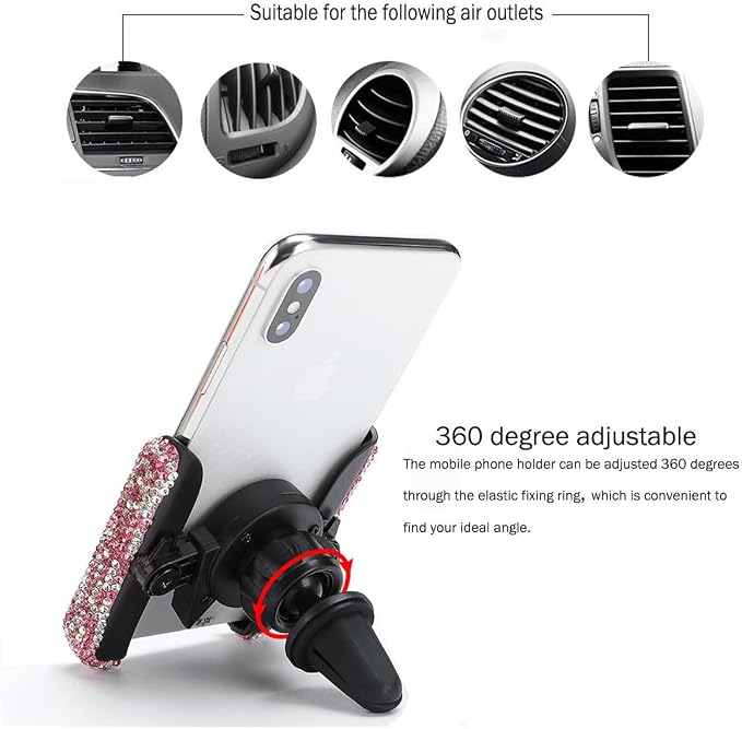 SUNCARACCL Bling Car Phone Holder for Air Vent, Pink Phone Mount | 360 Degrees Adjustable Crystal Phone Stand With Rhinestone, Car Accessories for Women and Girls (Pink Dimond)