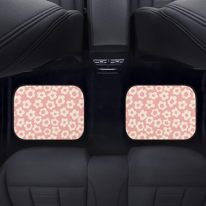 Vintage Pink Flower Print Car Floor Mats Set of 4 Cute Floral Universal Vehicle Floor Carpet Decorative Auto Front Rear Foot Rugs for Trucks SUV Sedan