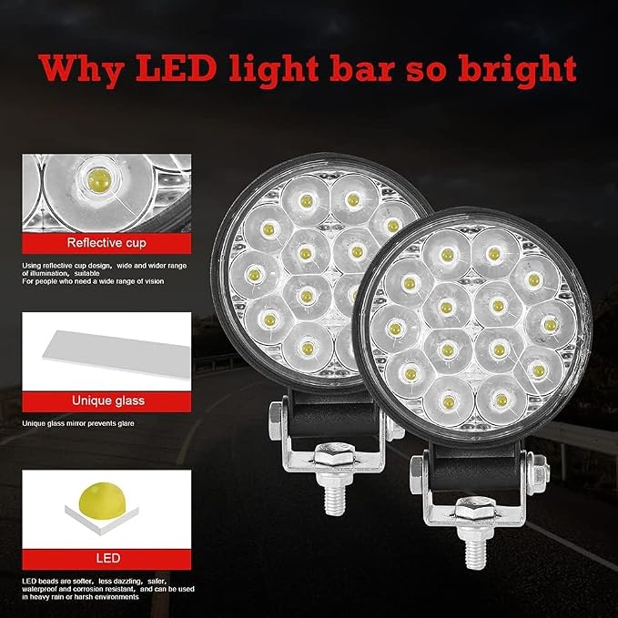 EJ's SUPER CAR Led Round Light Bar 4PCS 3.3" 42w 10000LM Flood Light Pod Off Road Fog Driving Roof Bar Bumper for Jeep,SUV Truck, Hunters