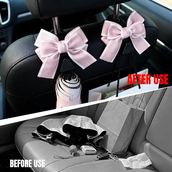 2PCS Car Seat Headrest Hooks, Car Purse Hook, Cute Bow Knot Vehicle Seatback Hanging Storage Organizer, Auto Seatback Decor Organizer Hanger for SUV Truck (Pink)