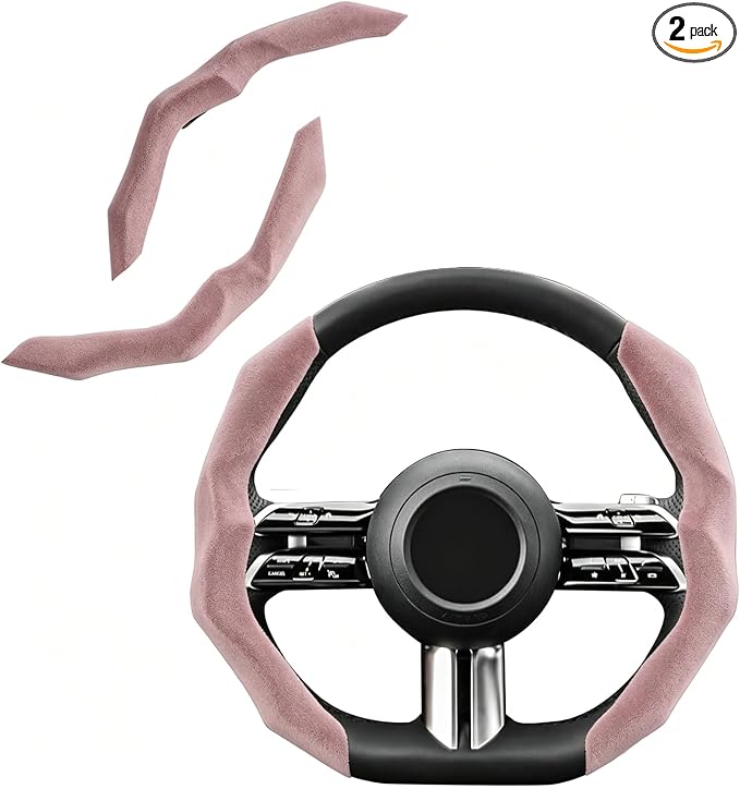 Suede Steering Wheel Cover 2PCS Segmented Clip-on Protector (Suede Pink) | Universal Fit, Anti-Slip Lining, Sporty Style, Car Interior Accessory for Men and Women