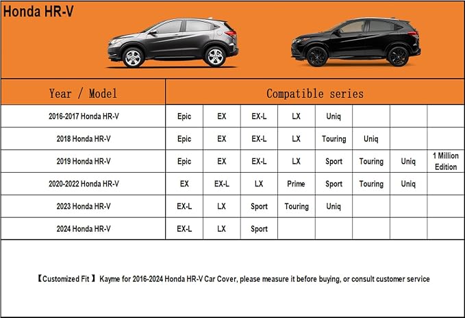Kayme 7 Layers SUV Car Cover Custom Fit for Honda HR-V HRV (1995-2026) Waterproof All Weather for Automobiles, Outdoor Full Cover Rain Sun UV Protection.Black
