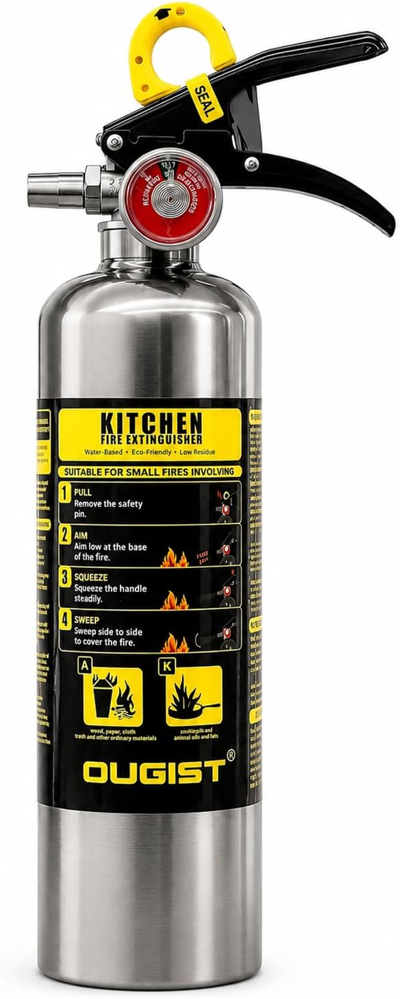 Ougist Class K Fire Extinguisher for Kitchen, 1-A:K, 40 Fl Oz Wet Chemical | For Small Cooking Oil and Grease Fires with Quick-Pull Access and Easier Cleanup for Kitchen and Food Truck Use