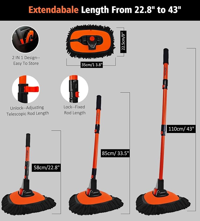 YeewayVeh 43" Car Wash Brush Mop, Extendable Long Handle, Orange | 15° Curved Soft Microfiber Mop for Truck & SUV Cleaning, Extra Mop Head, No Scratching