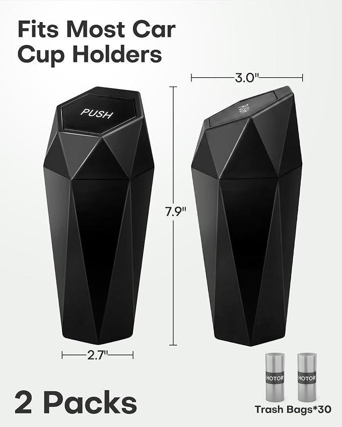 HOTOR Car Trash Can with Lid - 1 Pack, Mini Essential Car Accessories for Interior, Leakproof Car Garbage Can with 15 Attached Trash Bags, Multipurpose Car Organizers and Storage,Black