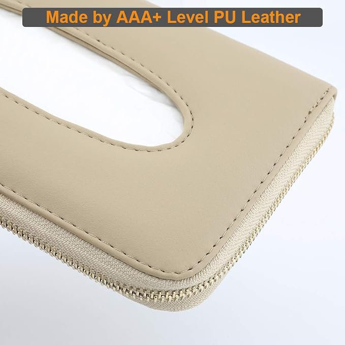 Car Tissue Holder, Sun Visor Napkin Holder, PU Leather Backseat Tissue Case with Zipper (Beige)