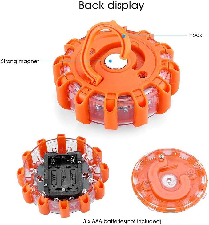 3 Pack LED Road Flares Flashing Warning Light Roadside Flare Emergency Disc Beacon, Magnetic Base for Car or Marine Boat