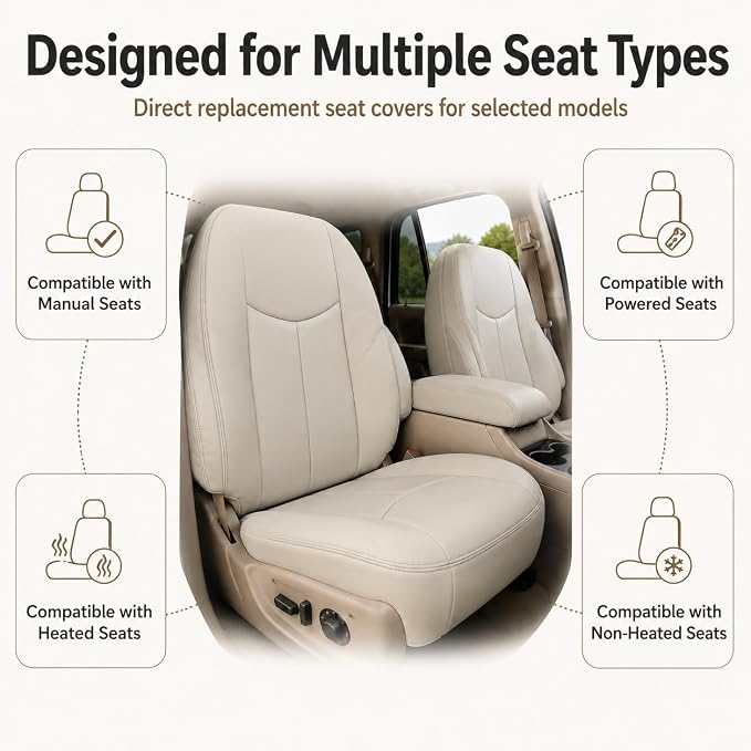 NLQR #522 Driver & Passenger Side Bottom & Top Lean Back Replacement Seat Covers & 2Pcs Seat Armrests Covers Light Tan Compatible with Chevy Avalanche Tahoe Suburban GMC Yukon XL 2003 2004 2005 2006