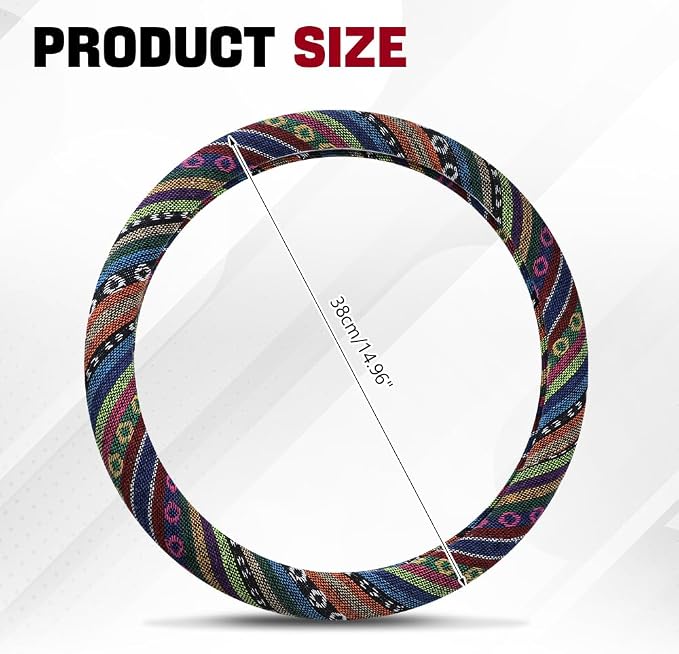 Boho Steering Wheel Cover, Ethnic Style Car Steering Wheel Cover Protector, Anti-Slip Flax Cloth Cover Universal Fits 14.5-15 Inch Steering Wheel, Interior Car Accessories(A Style)