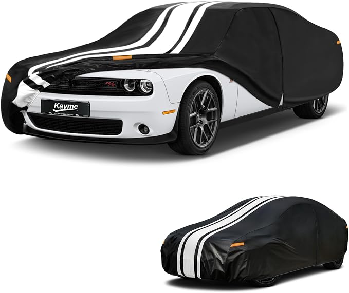 Kayme Heavy Duty Car Cover Custom Fit for Dodge Challenger Demon Hellcat (1970-2023) Waterproof All Weather for Automobiles,Outdoor Full Exterior Cover Rain Snow UV Protection with Door Zipper Towel.