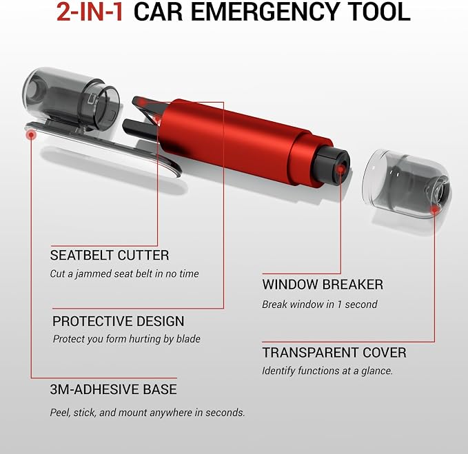 4 Pack Window Breaker Seatbelt Cutter, 2-in-1 Car Window Breaker Tool, Underwater Safety Hammer Glass Breaker, Portable Emergency Escape Tool with Test Glass for Automotive Accidents, Red & Black