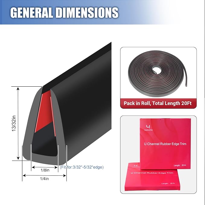 Rubber Edge Trim, Flexible Baby Proof Edge Protector for Sharp Edge, 1/8"(3mm) U Channel Edge Trim, Self-Adhesive Edge Guards for Glass, Plywood and Sheet Metal Parts, 20Ft, Black Color