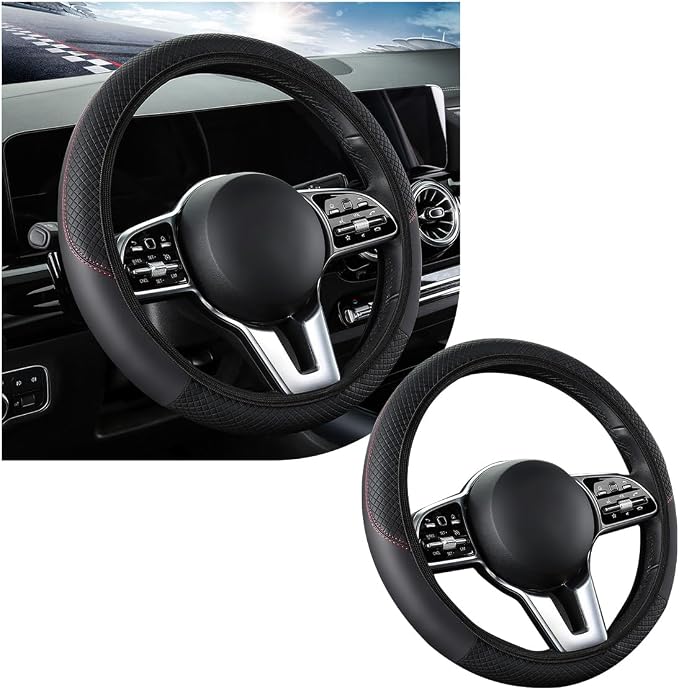 povtii Car Steering Wheel Cover, 15 Inch Leather Breathable Auto Steering Wheel Protector, Comfortable Non-Slip Vehicle Steering Wheel Covers, Universal Interior Car Accessories (Black)