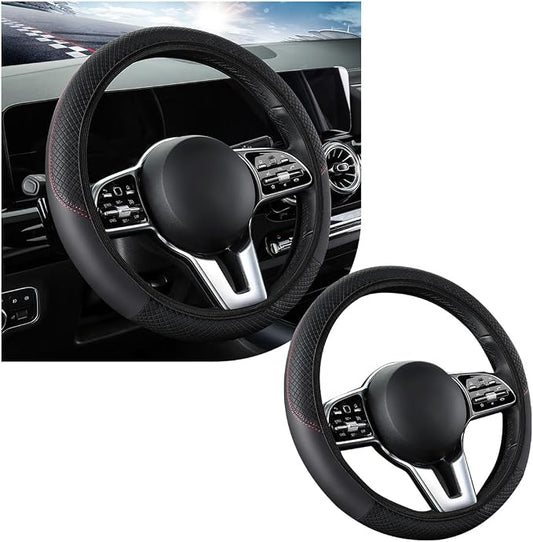 povtii Car Steering Wheel Cover, 15 Inch Leather Breathable Auto Steering Wheel Protector, Comfortable Non-Slip Vehicle Steering Wheel Covers, Universal Interior Car Accessories (Black)