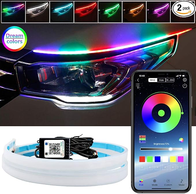 Car Headlight LED Strips, LEDCARE 24 Inch Exterior Car Lights with Dreamcolor Chasing, Flexible Waterproof LED Daytime Running Light Strip with Wireless APP Control, 2-Pack