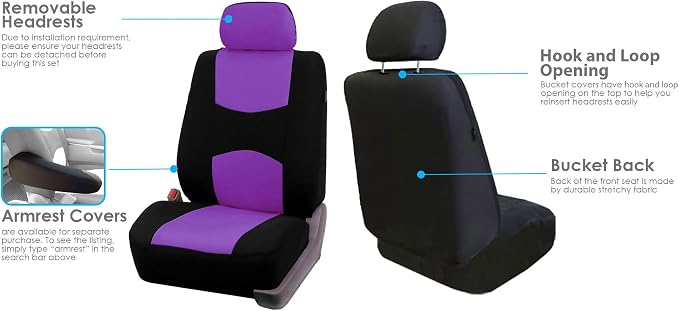 FH Group Car Seat Covers Front Set in Cloth -Car Seat Covers for Low Back Car Seats with Removable Headrest,Universal Fit,Automotive SeatCovers,Washable Car SeatCover for SUV,Sedan,Van Purple