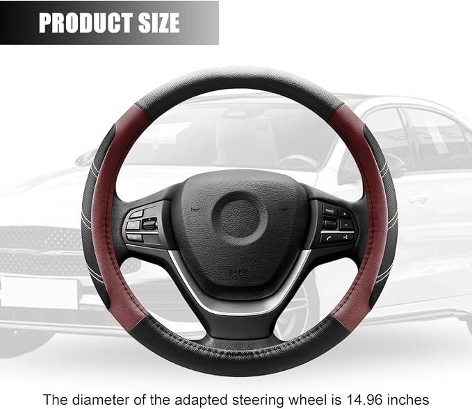 Zpana Car Steering Wheel Cover, 15 Inch Carbon Fiber Leather Non-Slip Steering Wheel Protector with Lining, Breathable Automotive Interior Accessories, Universal for SUV RV Truck (Wine Red)