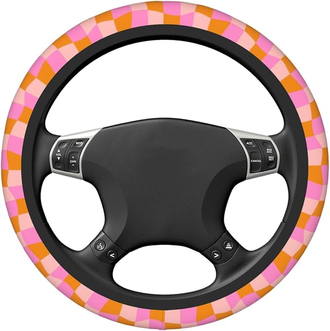 Groovy Checkered Abstract 70s Retro Steering Wheel Cover For Women Men Girls Car Accessories Decor Anti-Slip Neoprene Auto Steering Wheel Covers Protector Universal 15 Inch