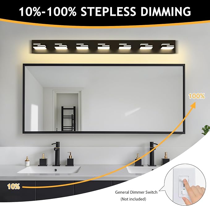 LED Modern Bathroom Vanity Light Fixtures, Dimmable Matte Black Vanity Lights for Bathroom Lighting Fixtures Over Mirror, with 360° Rotatable Acrylic Heads 7-Light 48-inch 5CCT