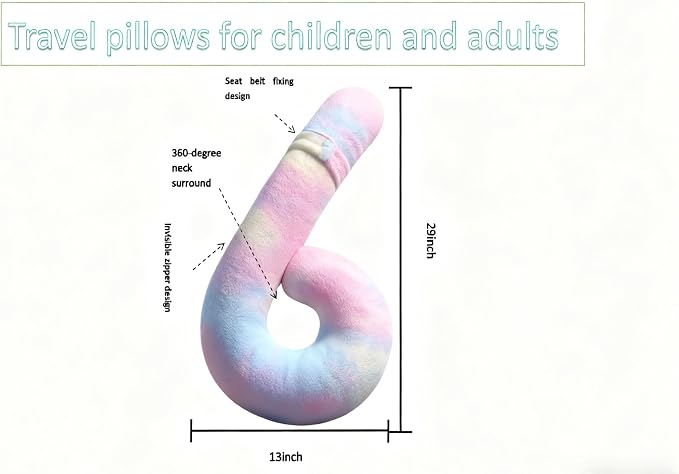 Car Travel Pillow, car Pillow for Kids and Adults, Ergonomic Travel Pillow Providing Neck and Body Support, a Sleep aid, Children's Travel Pillow-Rainbow Powder