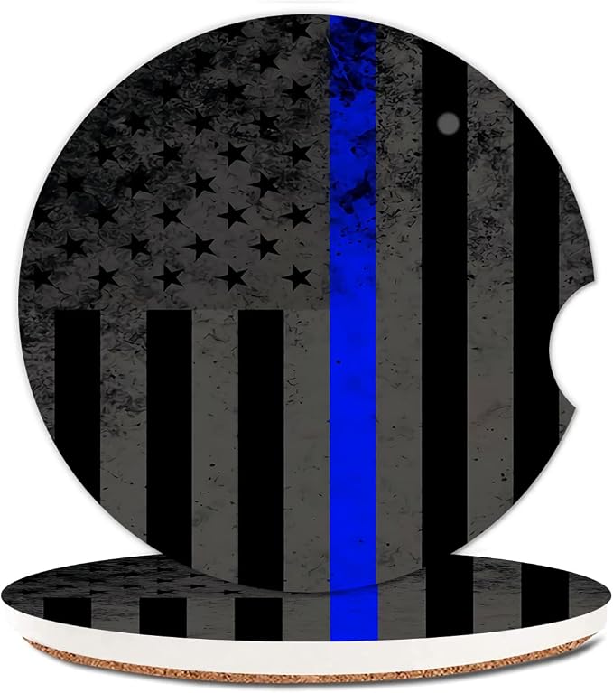 2 Pack Absorbent Car Coasters for Cup Holders,Ceramic Coasters with Cork Back and Finger Slot,Cool Cupholder Accessories to Keep Your Car Cup Holders Clean and Dry 2.56"(Blue Line USA Flag)