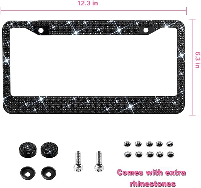 Bling License Plate Frame for Women, Sparkly Stainless Steel License Plate Frames| Over 1200 pcs 14 Facets Bedazzled Clear Glass Rhinestone Crystals w/Free Glitter Diamond 1PCS Box (Black)