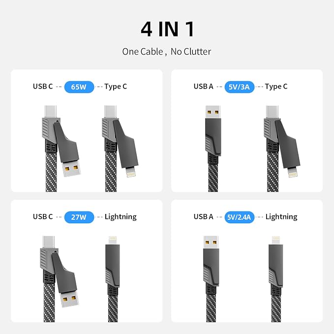 4 in 1 Multi Charging Cable Fast Charging 65W, USB C Cable with E-Mark Chip | Multiple iPhone Charger Cord for iPhone 17-12/Pad/Android/Tablets and More, Carplay Cable, Travel Essentials - 4FT