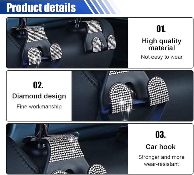 2PCS Car Seat Headrest Hooks, Shiny Crystal Hanger Holder, Backseat Hanger Storage Organizer, Bling Rhinestone Car Purse Hook, Car Accessories for Women Universal for SUV Truck Vehicle (White)