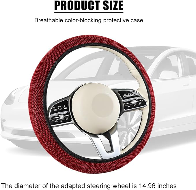 Elastic Stretch Car Steering Wheel Cover, Soft Breathable Ice Silk Steering Wheel Protector, Anti-Slip Automotive Interior Accessories, Universal for Sedan, Truck, Van (Red)