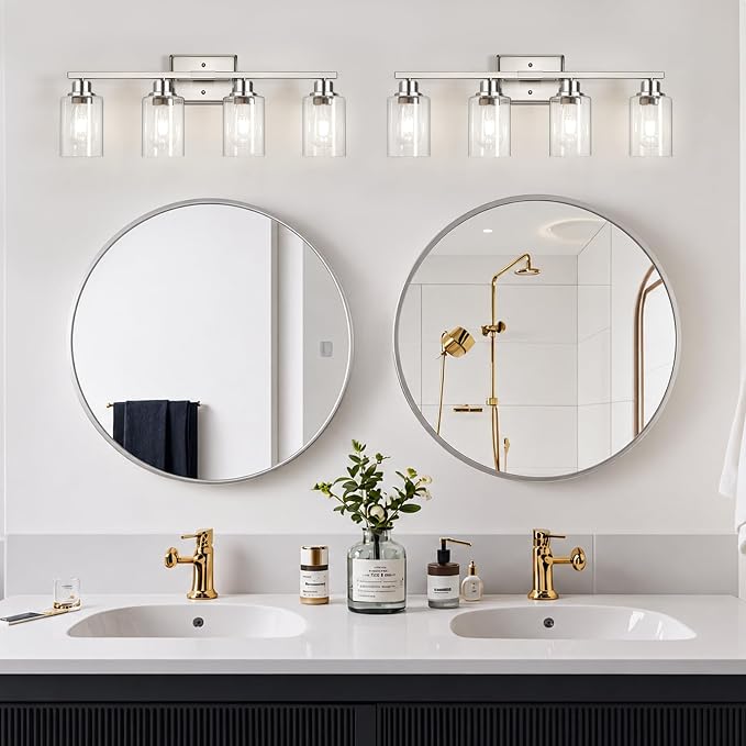 Unicozin Modern Brushed Nickel Bathroom Light Fixtures, 4-Light Vanity Lights Over Mirror with E26 LED Bulbs Included, Wall Sconce with Clear Glass Shades for Living Room Bedroom Hallway Kitchen