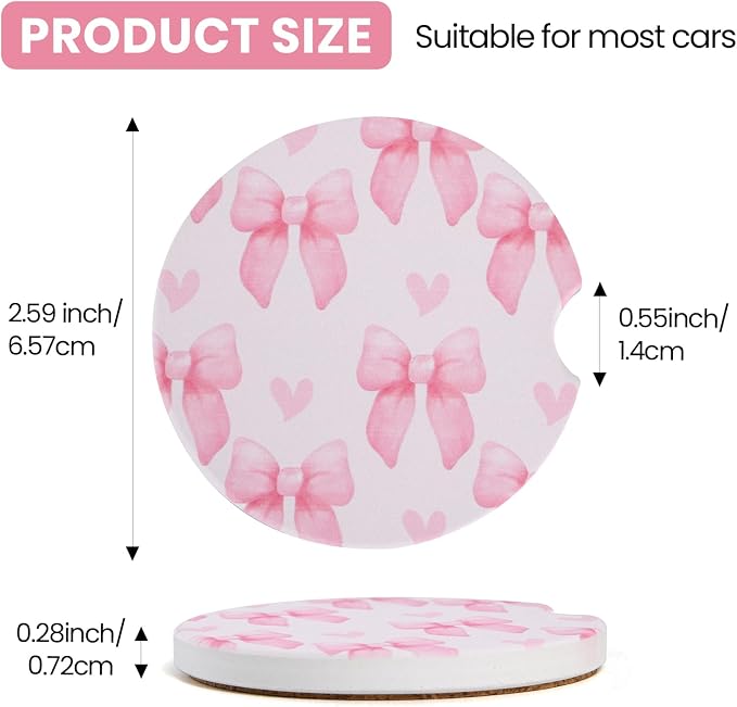 2 Pack Bow Car Coasters for Women Car Cup Holder Coasters, 2.63 Inch Anti Slip Ceramic Absorbent Coaster with Cork Base and Finger Notch, Cute Car Accessories Interior