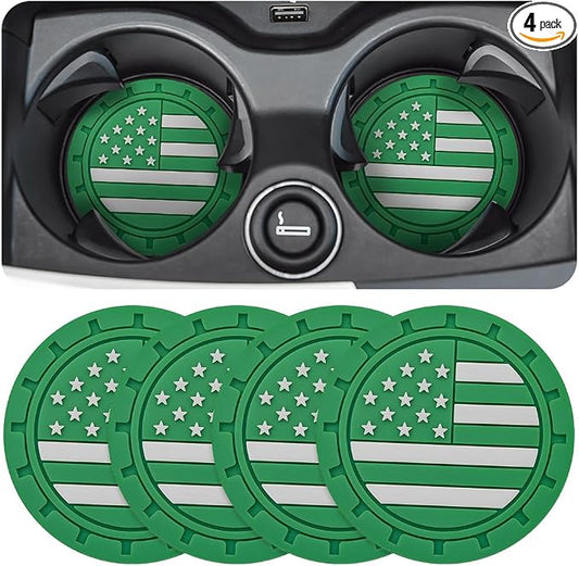 Osilly Car Cup Holder Coasters, 4 Pack American Flag Insert Car Cup Coaster, 2.75 Inch PVC Anti Slip Shockproof Embedded Drink Mat, Car Interior Decoration Accessories for SUV, Truck(Dark Green)