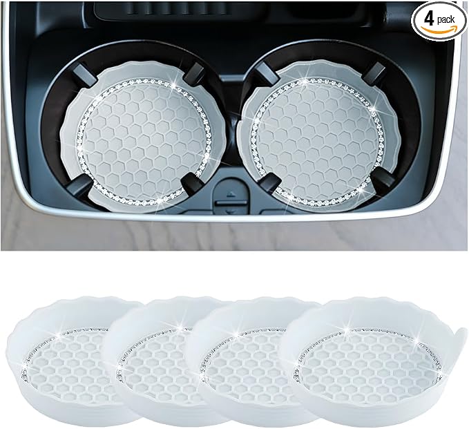 HZEL 4PCS Bling Car Cup Holder Coaster, Shiny Crystal Rhinestone Silicone Dustproof Drink Cup Insert Pad, Dazzling Automotive Interior Water Bottle Holder Embedded Mat, Universal Fit (Light Blue)