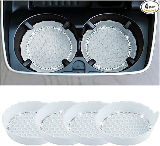 HZEL 4PCS Bling Car Cup Holder Coaster, Shiny Crystal Rhinestone Silicone Dustproof Drink Cup Insert Pad, Dazzling Automotive Interior Water Bottle Holder Embedded Mat, Universal Fit (Light Blue)