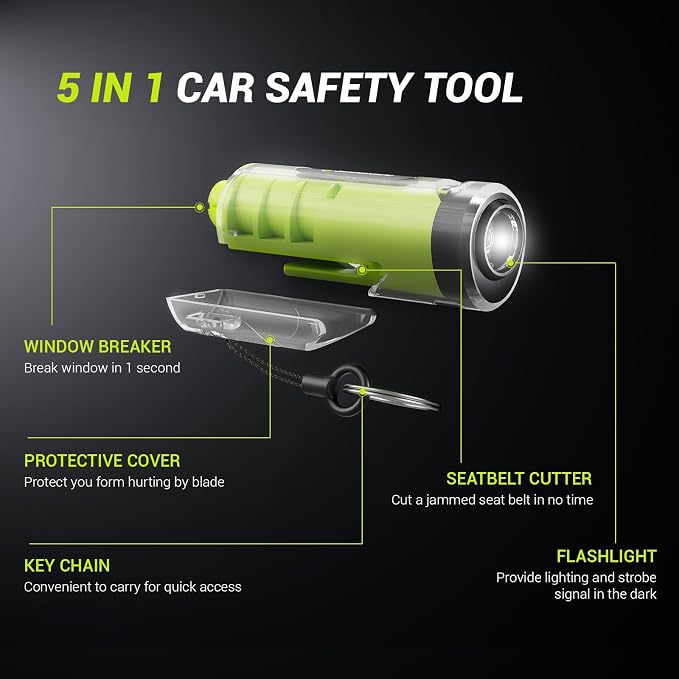 SodaRide Window Breaker Seatbelt Cutter with Flashlight,3 in 1 Car Escape Tool Key Chain,Safe Hammer Glass Breaker Under Water,2 Pack Green