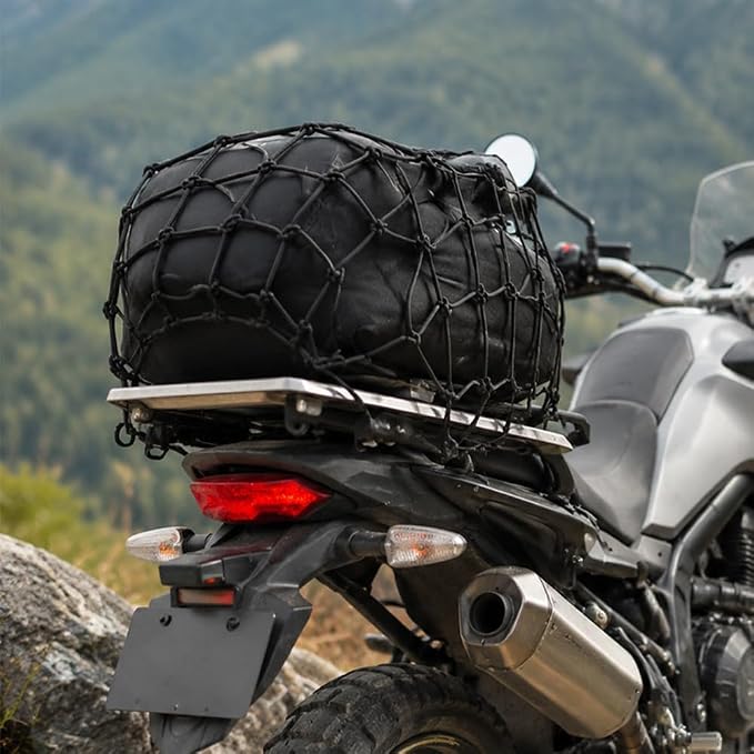 15.7"x15.7" Cargo Net, Heavy Duty Bungee Net Stretches to 31.5"x31.5", Gear Helmet Luggage Thicken Netting with 3"x3" Small Mesh & 6 Adjustable Metal Hooks for Motorcycle, Bike, ATV